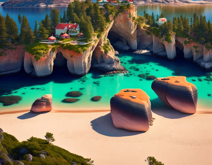 Scenic coastline with layered rock formations, sandy beach, and cliffside houses.