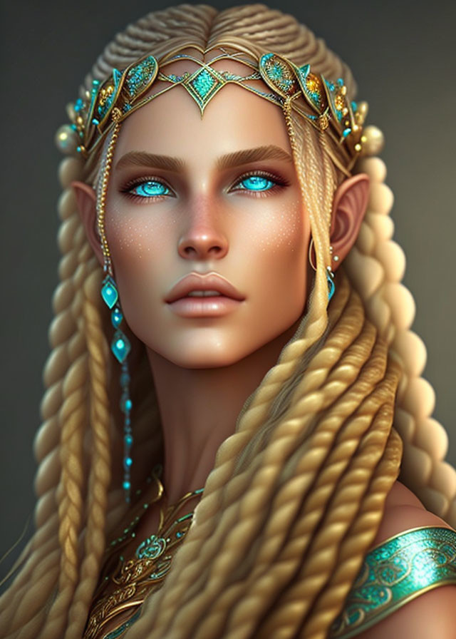 Fantasy elf with blue eyes, pointed ears, braided blonde hair, and golden headpiece