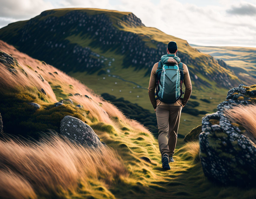 Hiker with backpack in lush, hilly landscape under cloudy sky