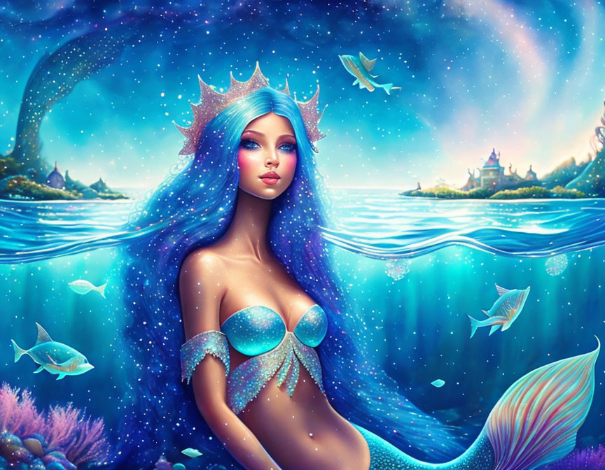 Colorful fantasy mermaid with blue hair and sparkling tail among fish under starry sky.