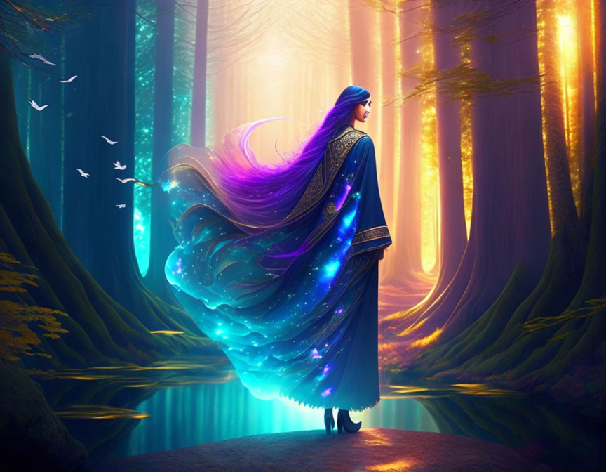 Vibrant blue-haired woman in glowing cloak in magical forest