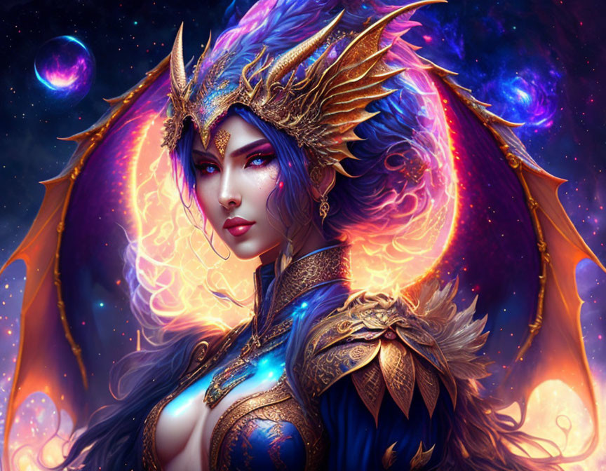 Woman with Blue Hair in Golden Armor under Cosmic Planetary Sky