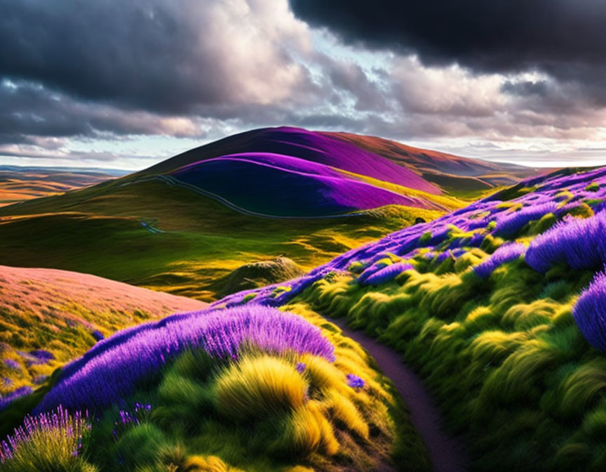 Vibrant purple and green flora on rolling hills at sunset