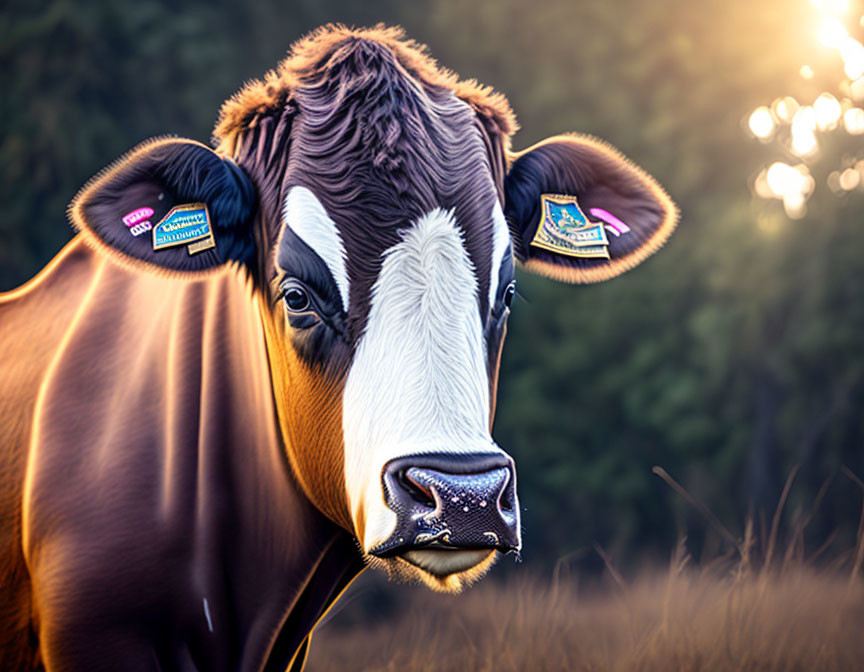 Brown and White Cow with Ear Tags Backlit by Golden Sunlight