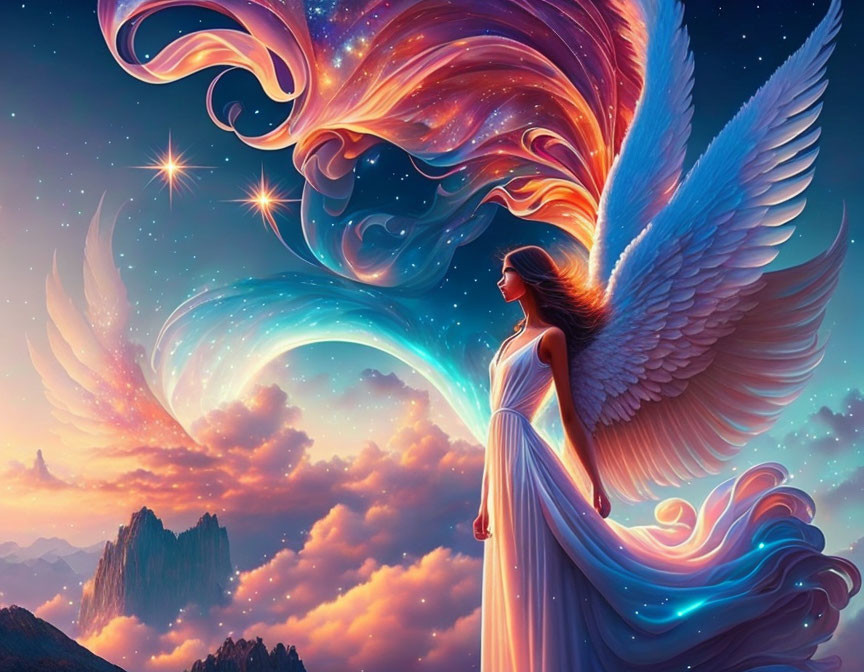 Fantasy illustration of woman with white wings in cosmic setting