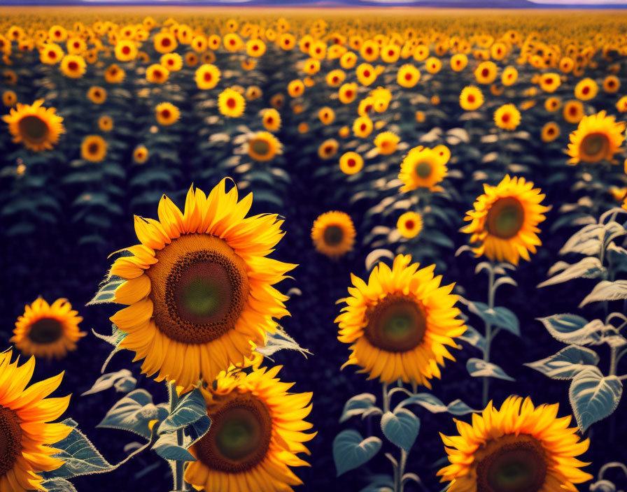 Blooming Sunflower Field Against Subdued Sky