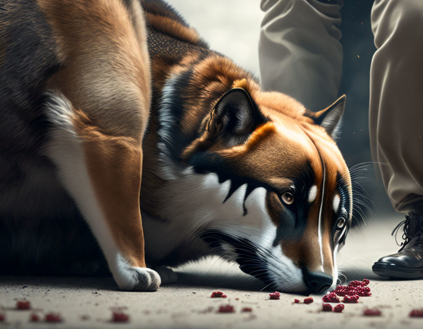 Shiba Inu-like Dog with Red Berries at Person's Feet