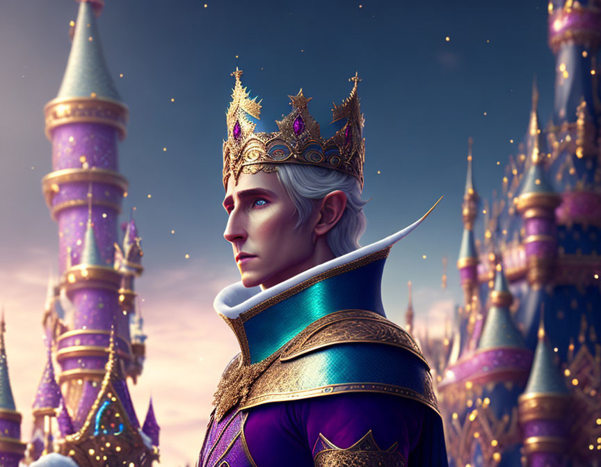 Animated character with pointed ears in golden crown and royal attire against fantasy castle spires at dusk.