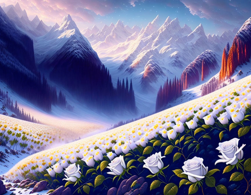 Snow-capped mountains, yellow flowers, and white roses in serene landscape