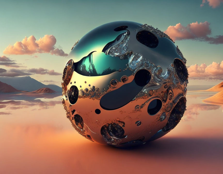 Intricate metallic sphere on sandy terrain at sunset