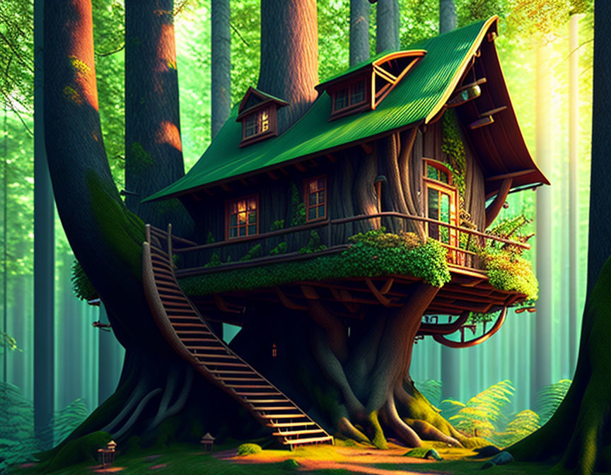 Mystical forest treehouse with winding staircase