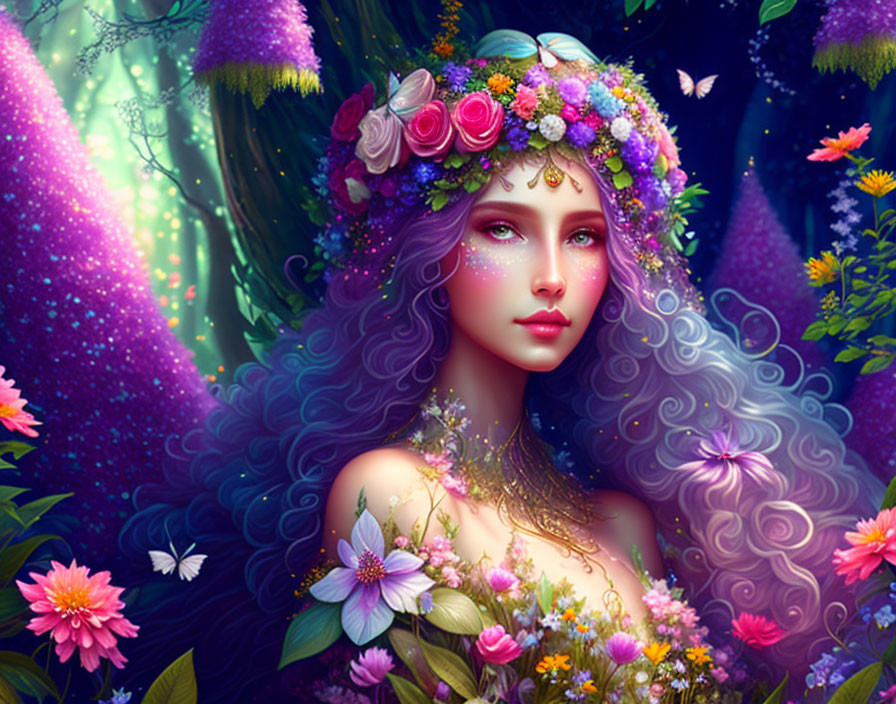 Fantasy illustration of woman with violet skin and lilac hair in mystical forest