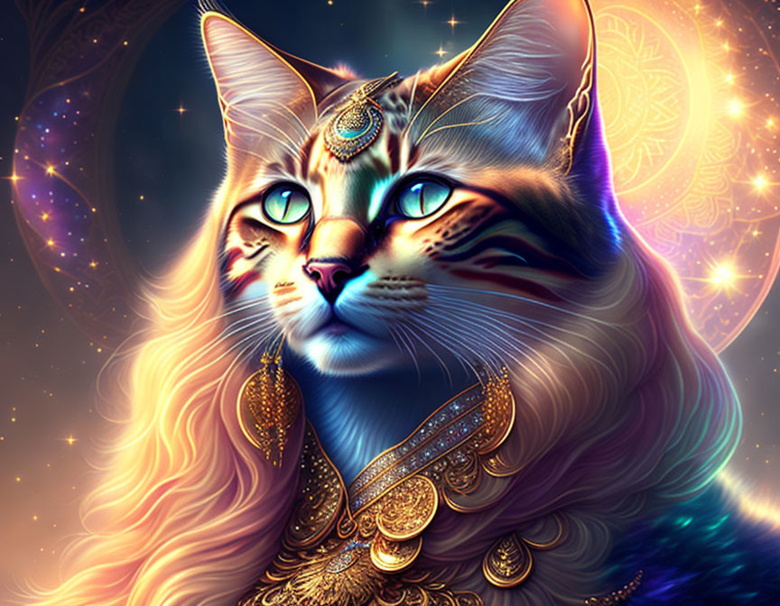 Majestic cat with golden jewelry in cosmic setting