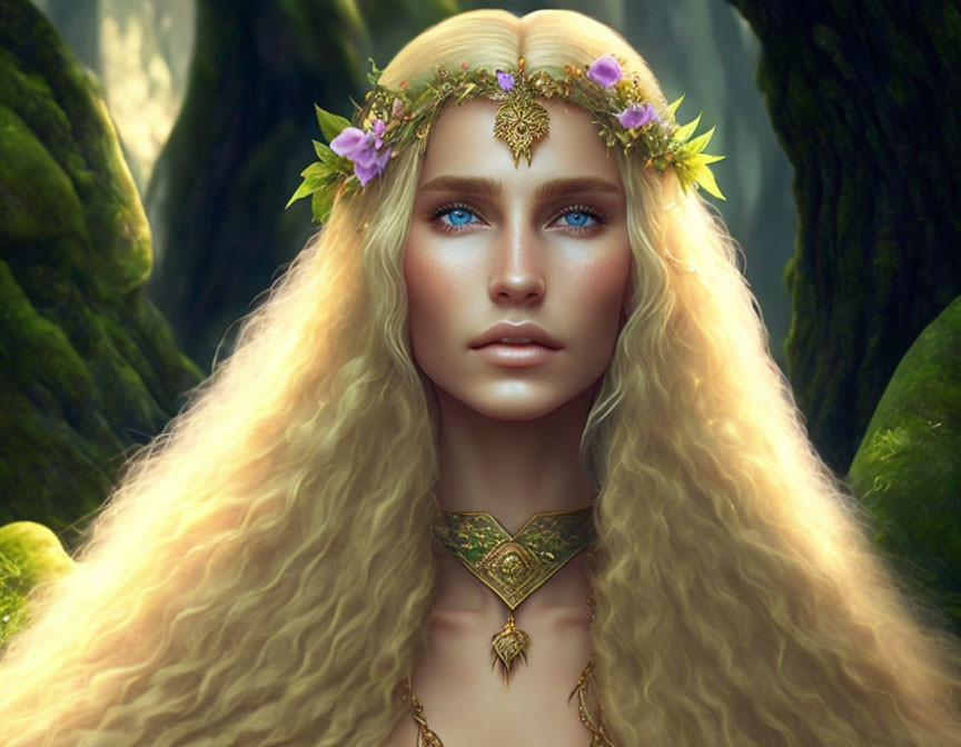 Digital portrait of woman with long blond hair and blue eyes in floral headpiece.