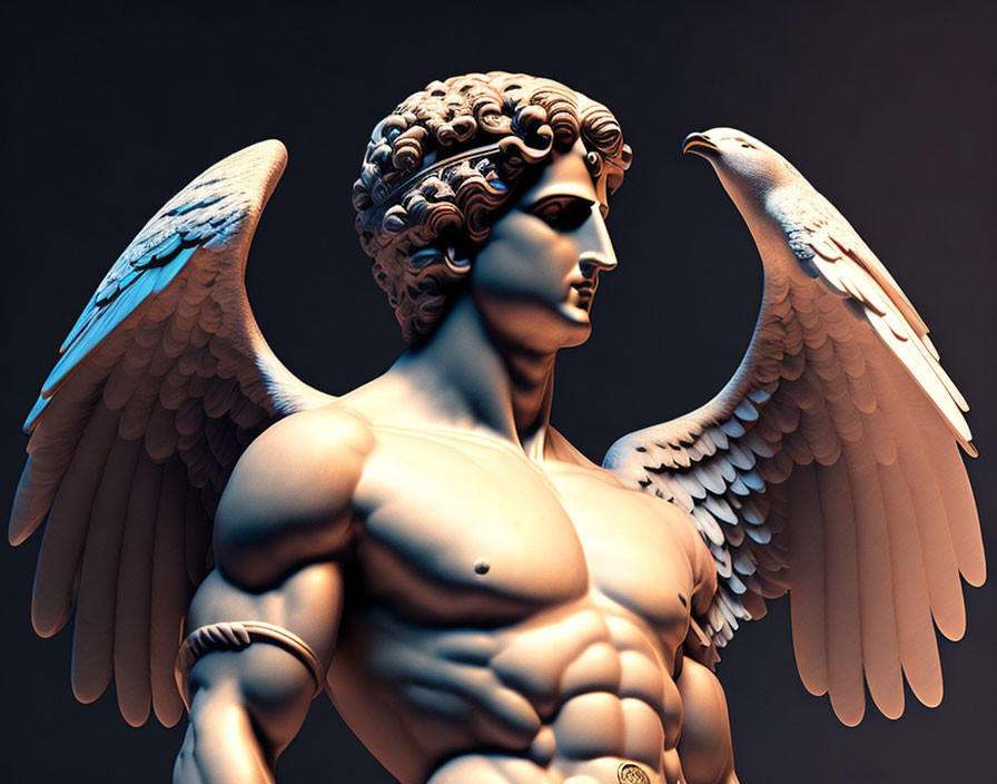 3D-rendered winged male figure with birds on warm backdrop