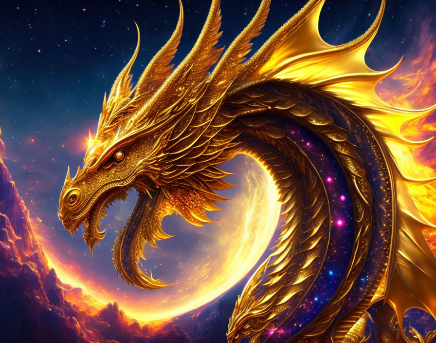 Golden Dragon with Flaming Wings in Fiery Galaxy