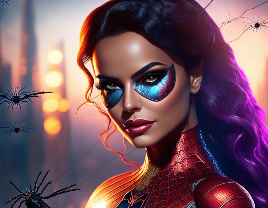 Digital artwork of woman in red superhero costume with spider motifs and sunset cityscape.