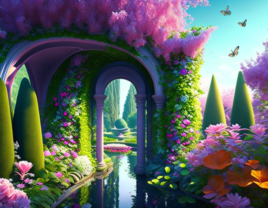 Vibrant garden scene with pink trees, archways, topiary, flowers, bridge,