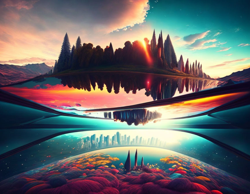 Mirrored surreal landscape: natural setting with trees and sunset above, futuristic cityscape below, reflected in