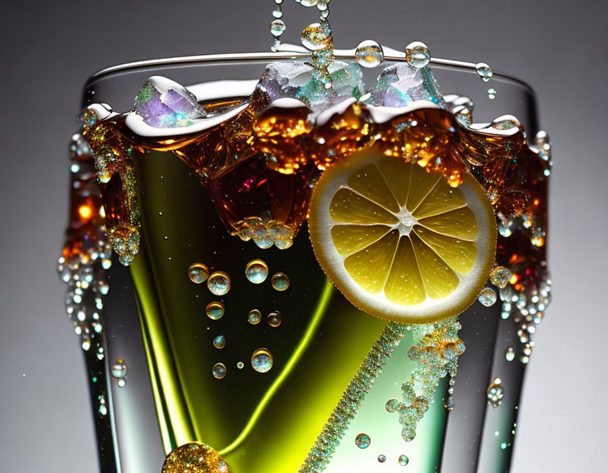 Sliced lemon splashing into fizzy drink with bubbles and droplets