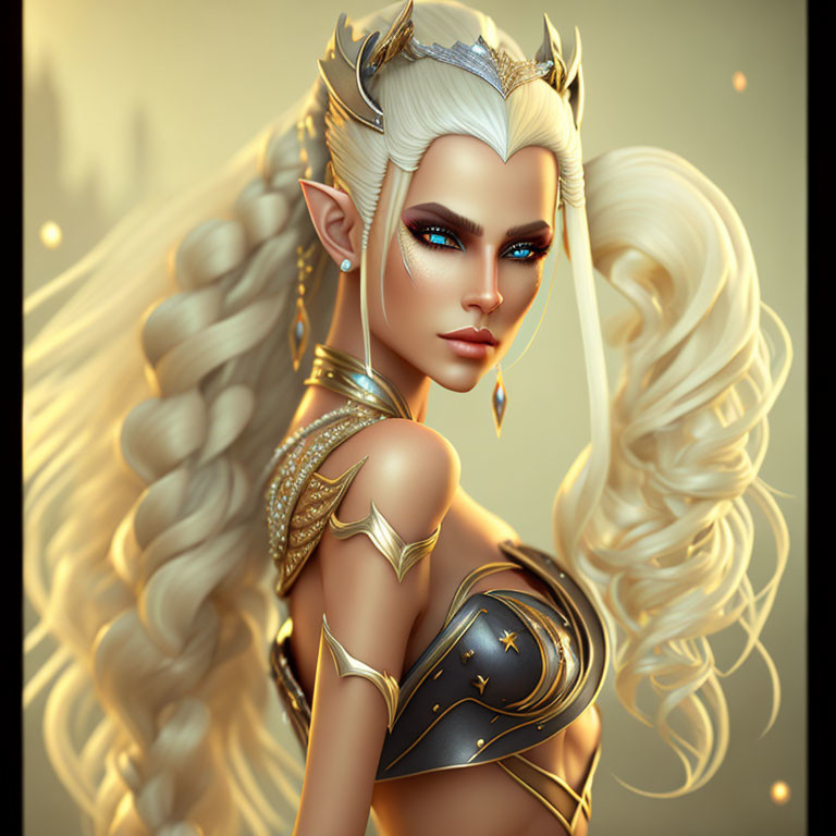 Elf illustration with blonde hair, blue eyes, pointed ears, and regal armor.