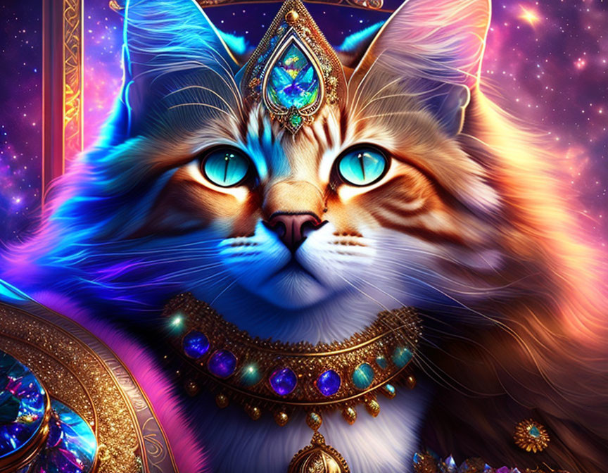 Colorful illustration of majestic cat with blue eyes and ornate jewelry on starry background