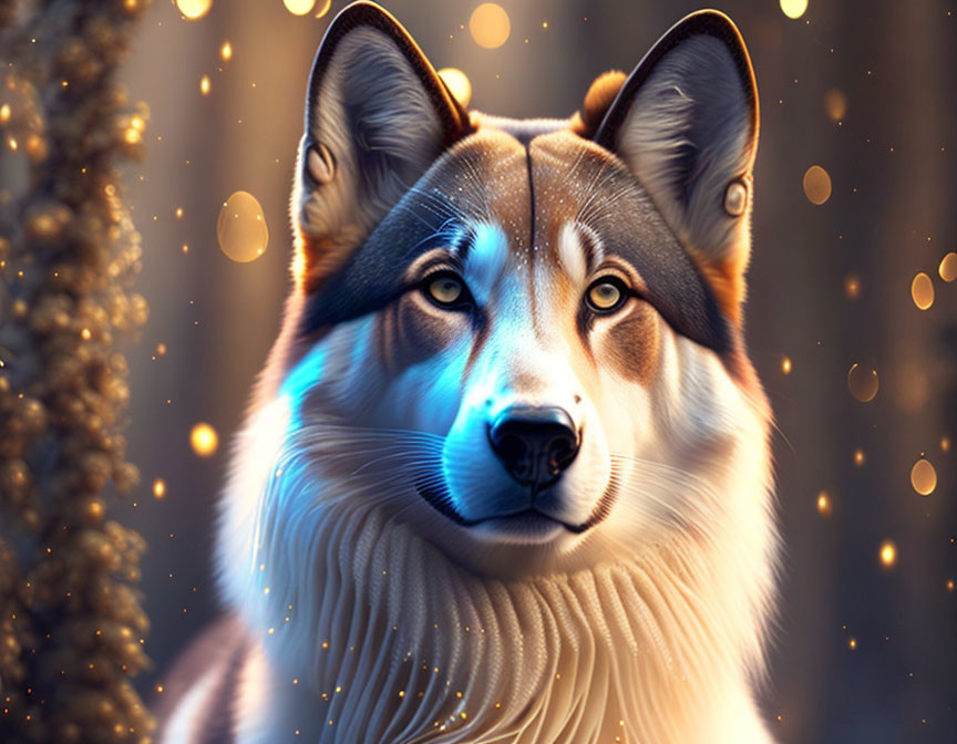 Majestic husky with piercing blue eyes in golden bokeh lights