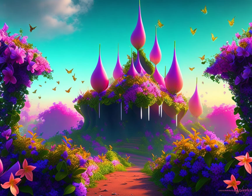 Fantasy landscape with purple flora, whimsical trees, butterflies, and rosy sky