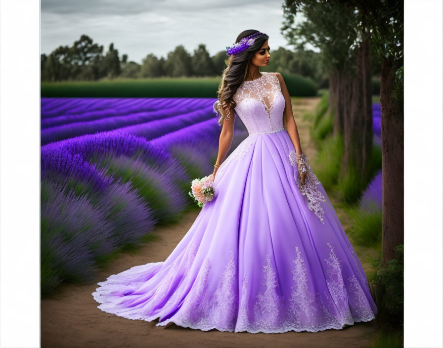 Lavender Field Wedding Scene with Woman in Purple Dress