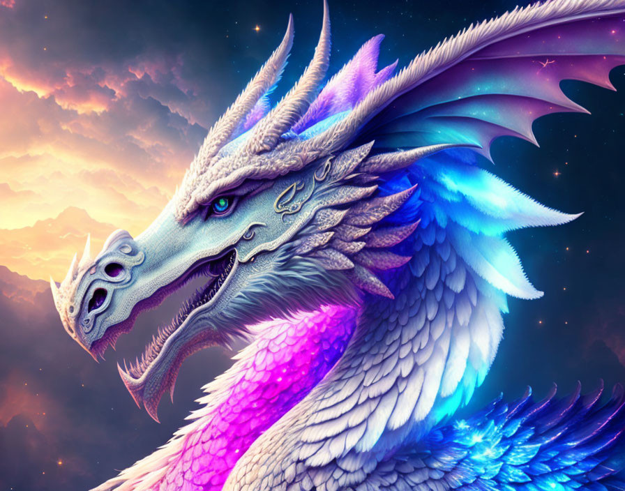 Majestic blue and purple dragon with sharp horns in vivid sunset sky