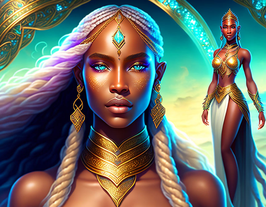 Illustration of woman with white hair and golden jewelry on mystical background