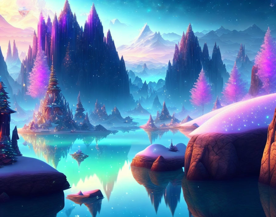 Luminous fantasy landscape with pink and purple hues, serene lake, mountains, twilight sky