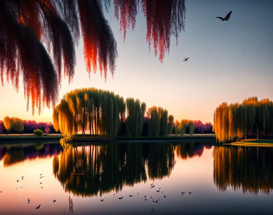 Tranquil lake at sunset with weeping willows and birds reflecting.