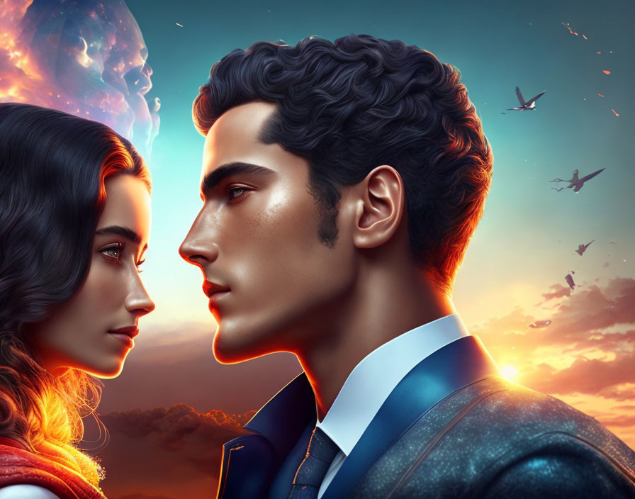 Digital Illustration: Stylized profile of man and woman with dramatic lighting and ethereal elements