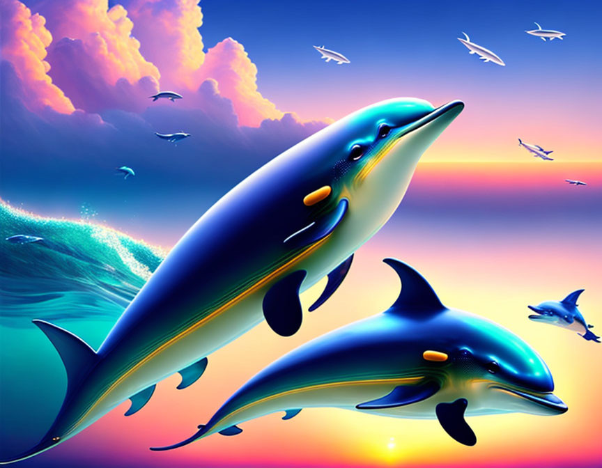 Ocean sunset scene with leaping dolphins and soaring seagulls