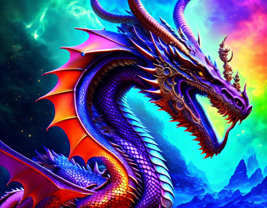 Mythological dragon with elaborate horns and scales in vibrant digital art
