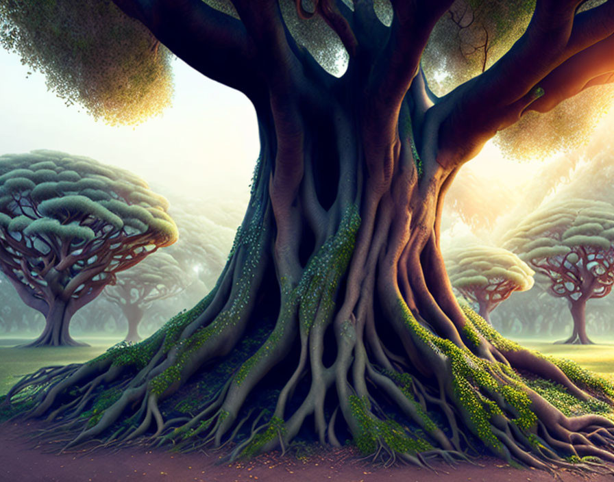 Illustrated giant tree with intricate roots in mystical forest scenery