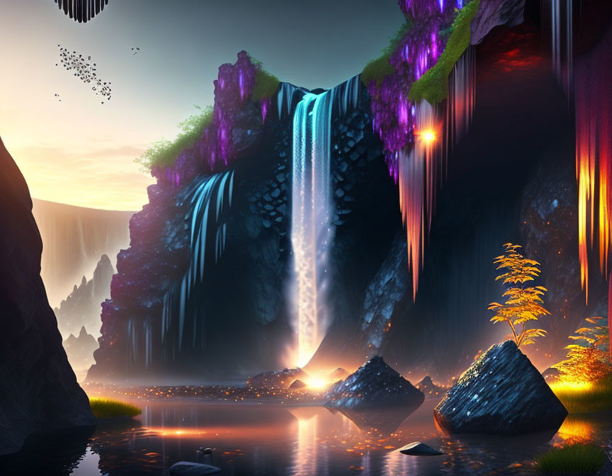 Vibrant waterfall in fantastical landscape with luminescent flora