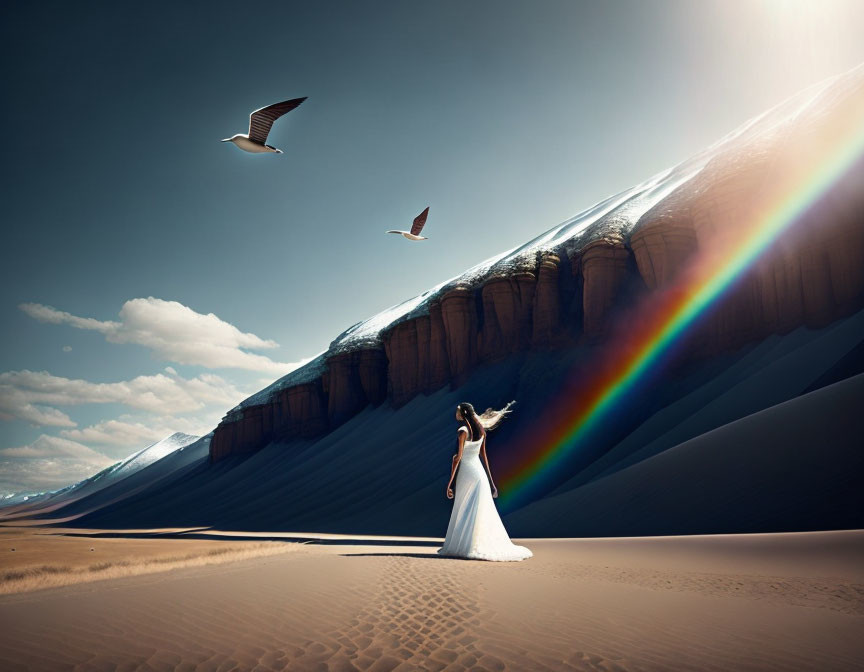 Woman in white dress on desert dune with rainbow and birds above