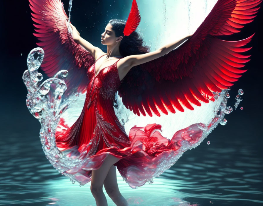 Red-winged woman in flowing dress amid water splashes