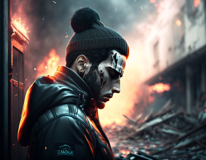 Robotic-faced person in beanie and leather jacket in fiery dystopian setting