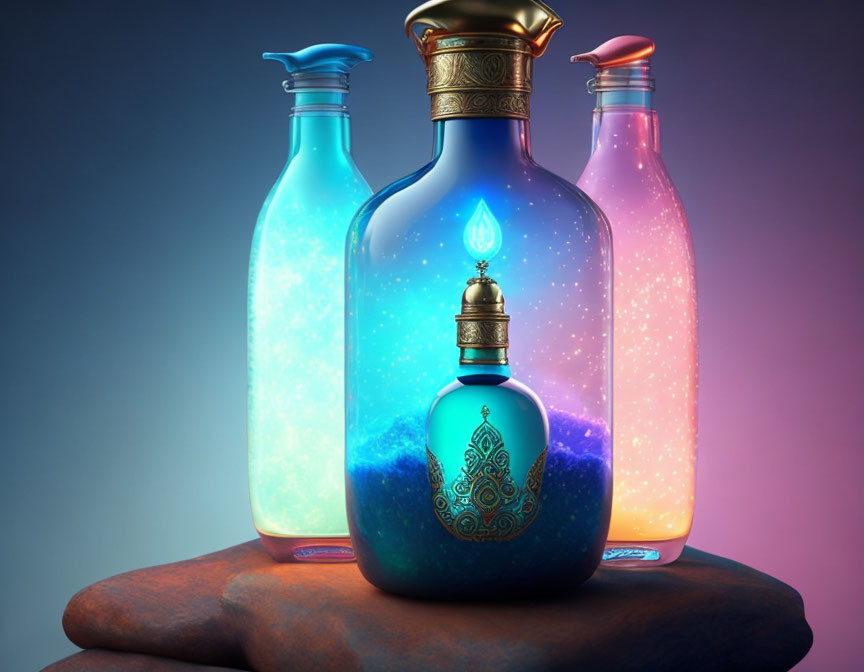 Luminous Ornate Potion Bottles on Stone Surface