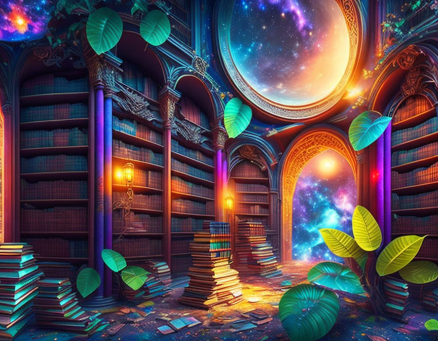 Enchanting library with cosmic windows and verdant plants