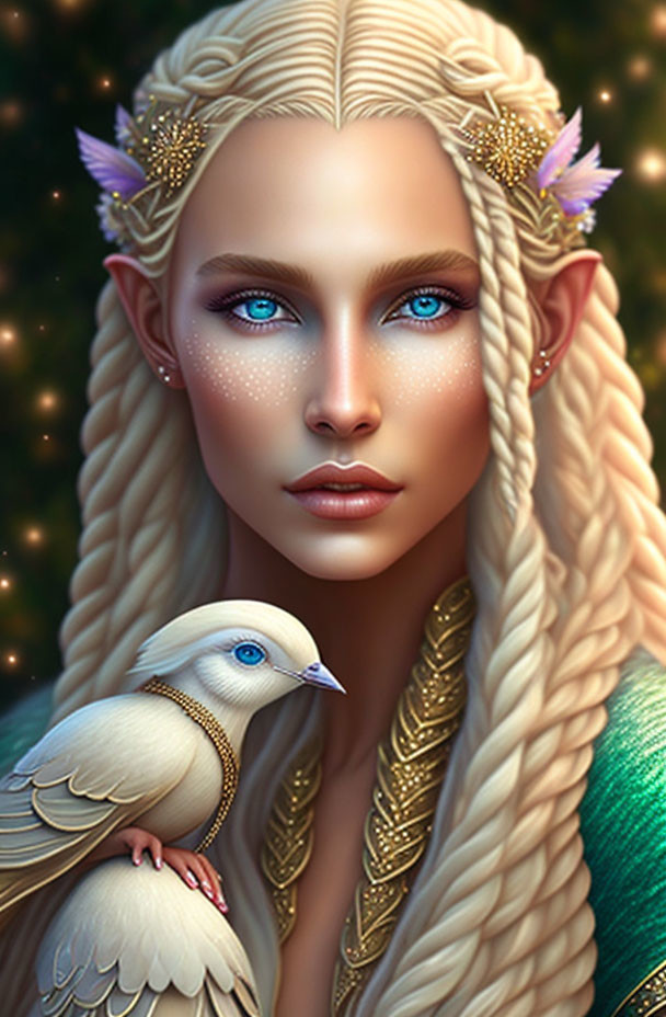 Fantasy elf with blue eyes, pale skin, blonde braids, golden ear accessories, and white