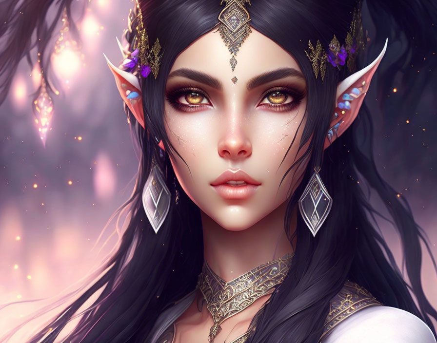 Fantasy digital portrait of female character with elf ears and green eyes