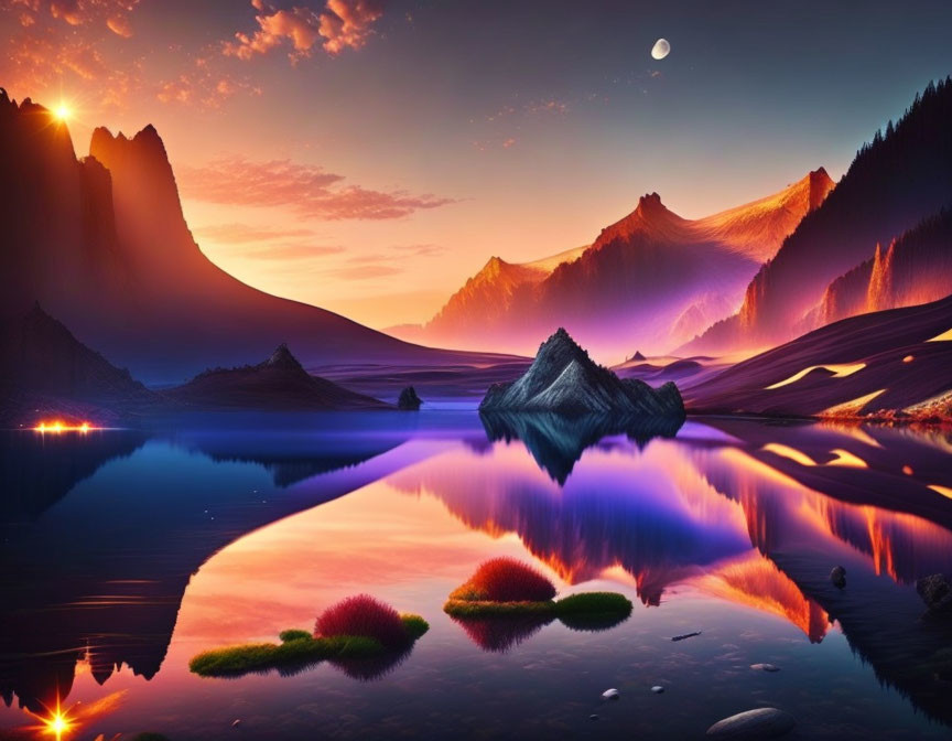 Mountainous Lake Landscape at Sunset with Moon