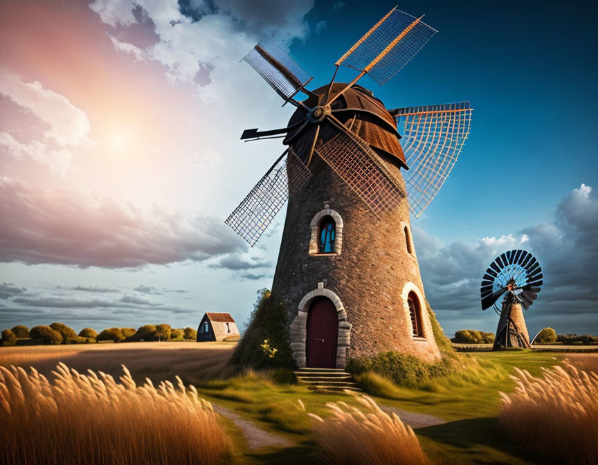 Rural landscape with traditional windmills at sunset