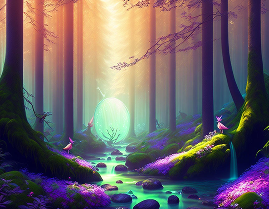 Vibrant mystical forest with glowing orb and flowing water