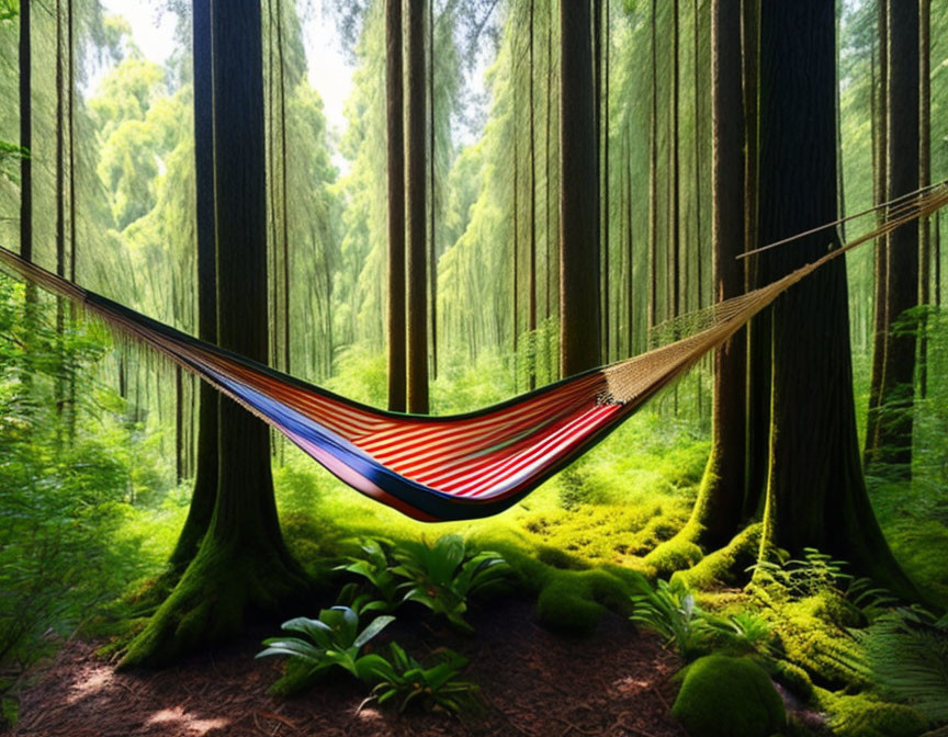 Vibrant hammock between trees in lush forest with sun rays