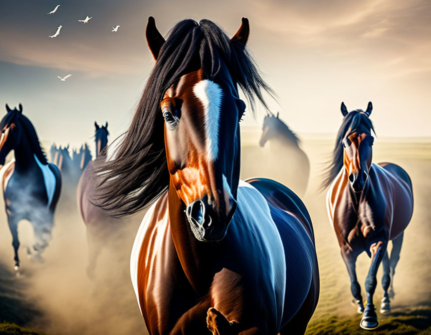 Majestic horses galloping under sky with birds